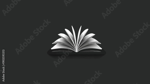 Modern Abstract Open Book Icon with Fanning Pages on Dark Background, Symbolizing Knowledge, Education, and Creative Storytelling