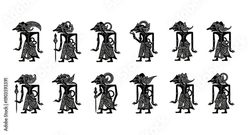 Collection of black silhouettes of fantasy characters in various poses.
