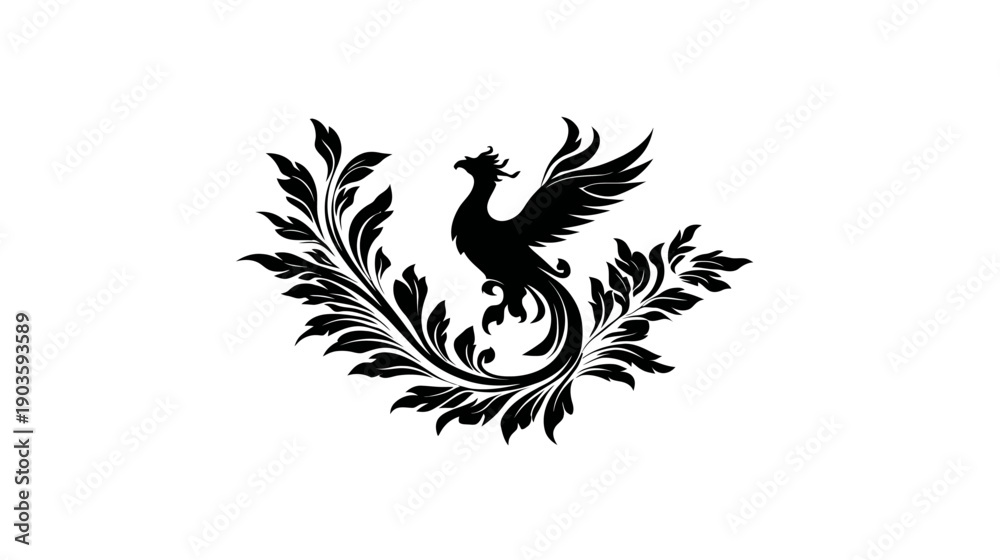 Naklejka premium Majestic phoenix bird silhouette with elegant botanical scrollwork, mythical creature emblem graphic design element