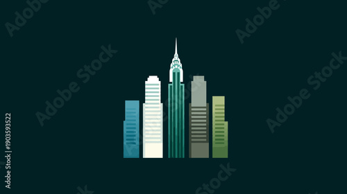 Modern flat design cityscape illustration with tall skyscrapers against a dark background, urban architecture and minimalist skyline.