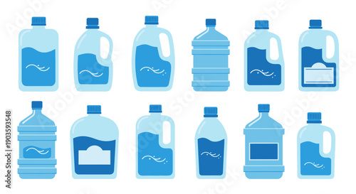 Collection of blue plastic jugs with varying liquid levels.