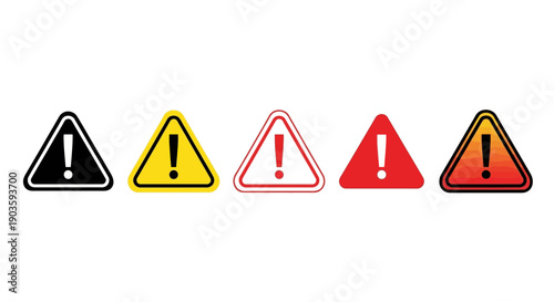Set of warning signs with exclamation marks in different colors and styles.