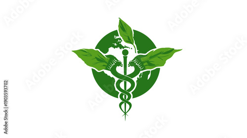 Vibrant green caduceus symbol intertwined with natural leaves, representing herbal medicine, holistic health, and wellness.