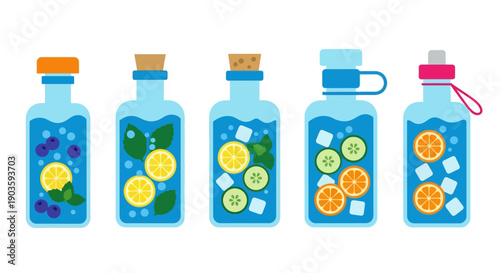 Five bottles of flavored water with fruits and ice.