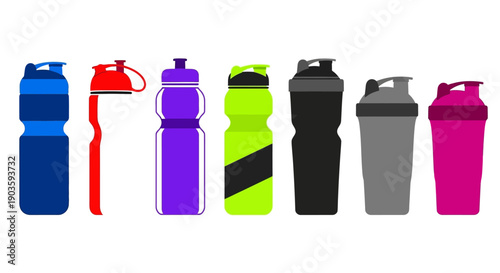 Assorted Colorful Reusable Plastic Water Bottles and Shaker Containers.