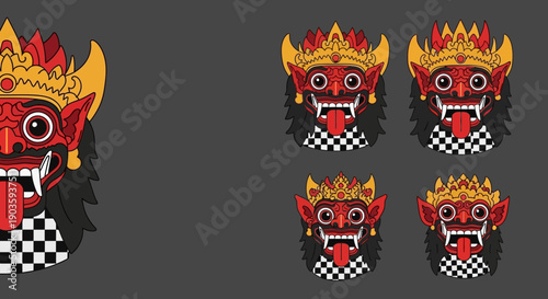 Balinese Barong Mask Traditional Dance Character Illustration Set.