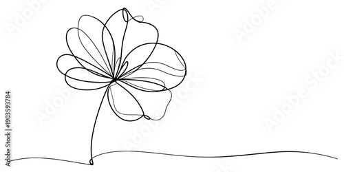 Minimalist line drawing of a single flower with delicate petals and a slender stem. Vector, illustration