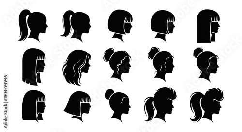 Collection of Female Silhouette Profiles with Various Hairstyles.