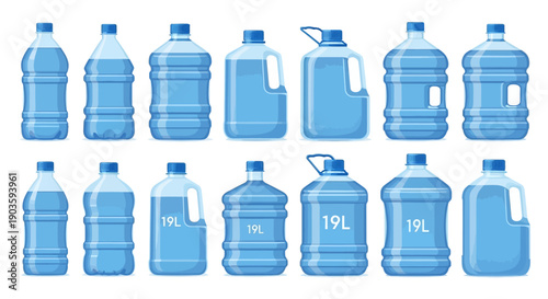 Collection of various blue plastic jugs and containers.