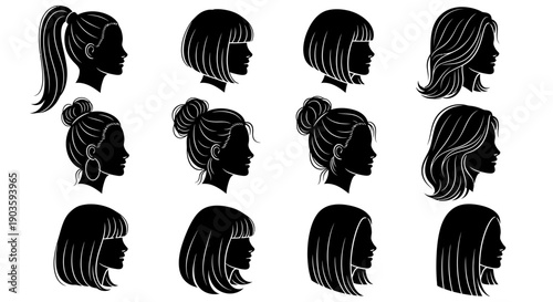 Collection of Female Silhouette Profiles with Various Hairstyles.