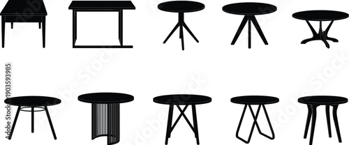 Set of Modern Furniture Table Silhouettes Isolated on White Background Including Round Coffee Tables Square Desks and Minimalist Side Tables for Interior Design Branding