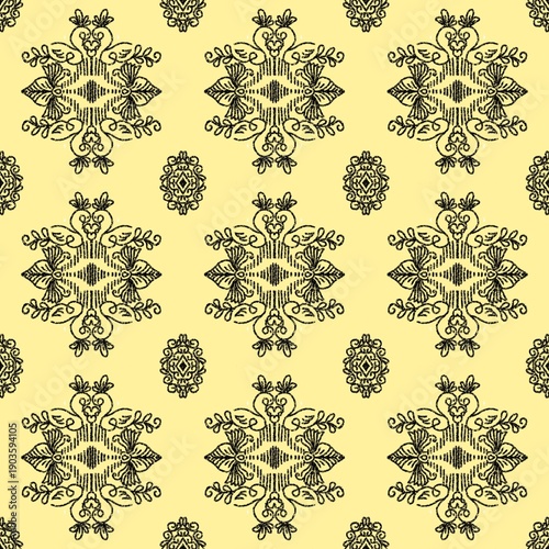 Seamless antique-style swan pattern on a yellow background.
