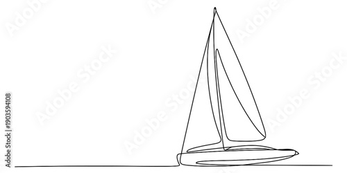 Simple one line drawing of a sailboat sailing on a calm sea against a white background. Vector, illustration