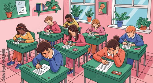 Students taking a test in a classroom with green desks and pink walls.
