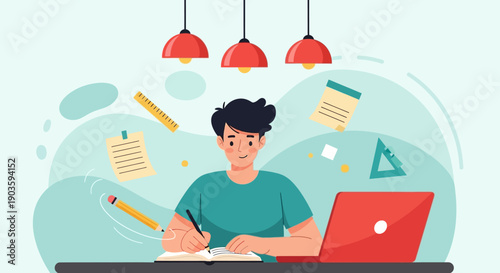 Young man working on laptop and writing notes surrounded by stationery.