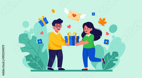 Man and woman exchanging gifts with festive elements around them.