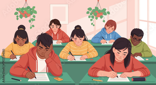 Diverse group of students taking a test in a classroom.