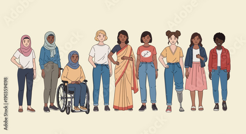 Diverse group of people standing together in a line.