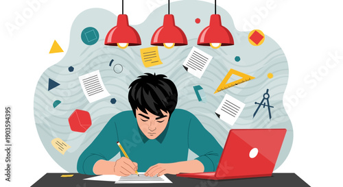 Young man working on a project with laptop and papers.