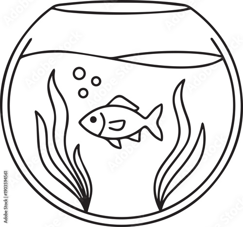 Minimal Line Icon of Home Aquarium Fishbowl with Fish and Algae