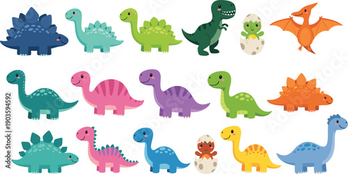 Cute Baby Dinosaur Character Vector Set Featuring Colorful T-Rex Stegosaurus Brachiosaurus and Pterodactyl Illustrations for Kids Nursery Decor and Prehistoric Themed Designs