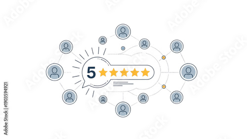 Customer review and satisfaction rating with 5 stars and people network illustration