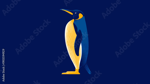 Vibrant vector illustration of a standing penguin in profile with yellow and blue feathers on a solid dark blue background