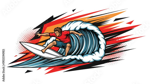 Surfer riding a wave artwork dynamic composition vector illustration
