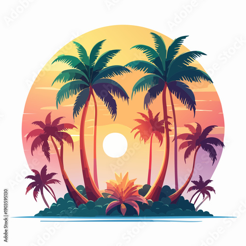 Tropical Sunset Silhouette of Palm Trees on an Island Paradise