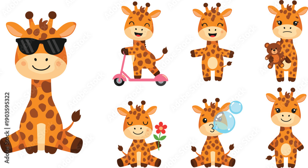 Obraz premium Cute Baby Giraffe Character Vector Set Featuring Various Poses with Sunglasses Riding Scooter Holding Flower and Blowing Bubbles for Kids Nursery and Stationery Designs