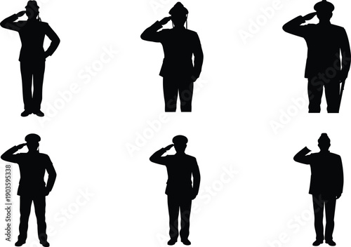 Military salute silhouette icons set illustration, uniformed soldiers standing and saluting representing army respect, discipline, honor, patriotism, armed forces service, 