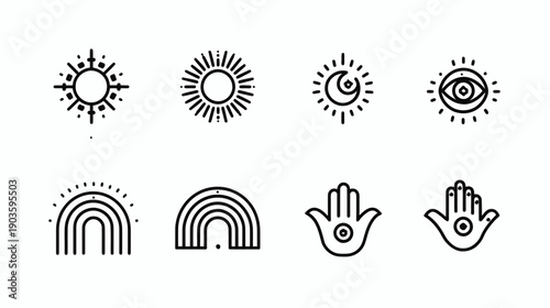 Boho celestial spiritual line art icons set with sun, moon, rainbow, and Hamsa hands. Minimalistic astrological symbols vector.