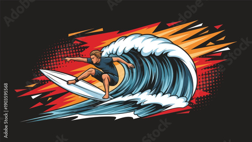 Surfer riding ocean wave illustration against a dark background