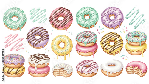 A collection of watercolor pastel donuts with various frostings and sprinkles, including stacks and individual pieces on a transparent background.