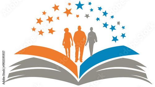Vector illustration of people silhouettes on an open book with a cascade of orange and blue stars, symbolizing education, learning, and community success.