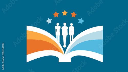 Education and Community Learning Concept with Stylized People, Open Book, and Achievement Stars Icon