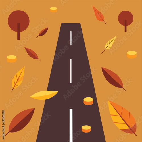 a stylized illustration depicting a long road receding into the distance surrounded by autumn leaves and small circular shapes