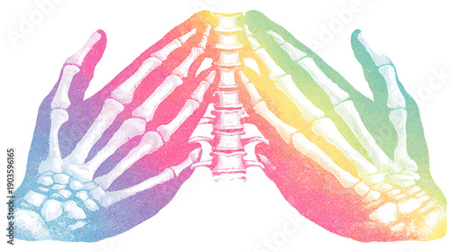 Colorful Rainbow Skeletal Hands and Spine Illustration for Health, Wellness, Anatomy, and Chiropractic Concepts