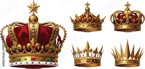 Golden Royal Crown Vector Set Featuring Imperial Majesty Headwear with Red Velvet Diamonds Emeralds and Rubies for King Queen and Monarch Luxury Jewelry Designs