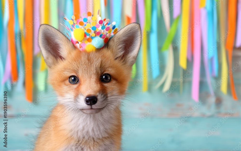 Fototapeta premium Adorable Fox Cub Celebrating with Colorful Crown and Streamers in 3D