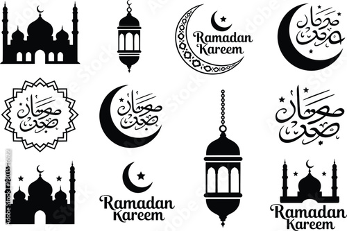 Ramadan Kareem symbols and mosque silhouettes for Islamic holiday