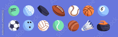 Set of balls for different games. Sports equipment to play baseball, basketball, football, soccer, volleyball, and tennis. Hockey puck, shuttlecock, curling stone. Flat isolated vector illustrations.