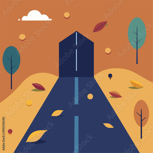 a colorful illustration depicting a road receding into the distance surrounded by autumn foliage and stylized trees under a cloudy sky