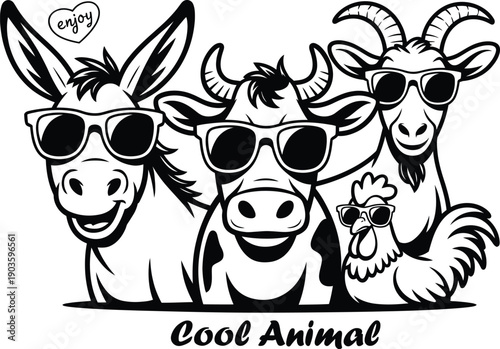 Smiling farm animals wearing sunglasses and enjoying life