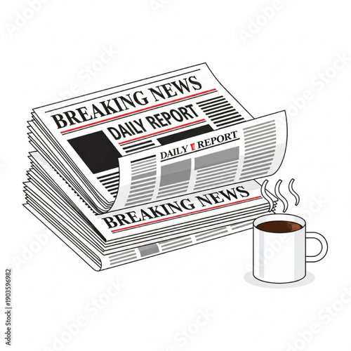 Stack of Newspapers with Coffee Cup Vector Illustration, Minimal Line Art, Bold Headlines, Red Accents, Scalable Design