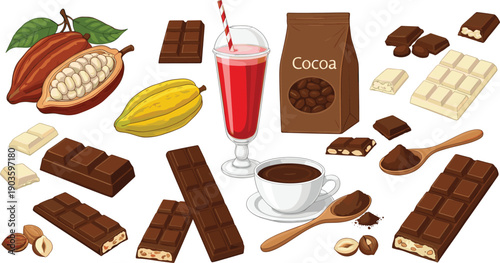 Premium Chocolate and Cocoa Product Vector Set Featuring Dark White and Milk Chocolate Bars Cacao Beans Hot Cocoa Drink and Sweet Confectionery for Dessert Branding