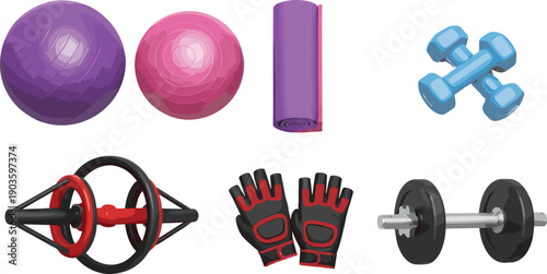 Professional Fitness and Gym Equipment Vector Set Featuring Stability Balls Yoga Mat Dumbbells Barbell Ab Roller and Workout Gloves for Health and Wellness Graphic Designs
