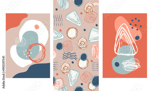 Posters in trendy style and abstract seamless pattern set vector