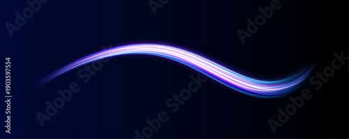 Abstract blue neon waves flow in perspective. Light trails create a sense of motion and futuristic energy. Perfect for tech or cyber visuals.