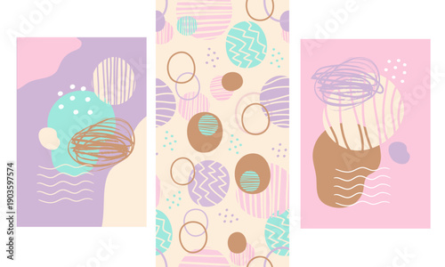 Abstract trendy posters and seamless pattern in pastel color set
